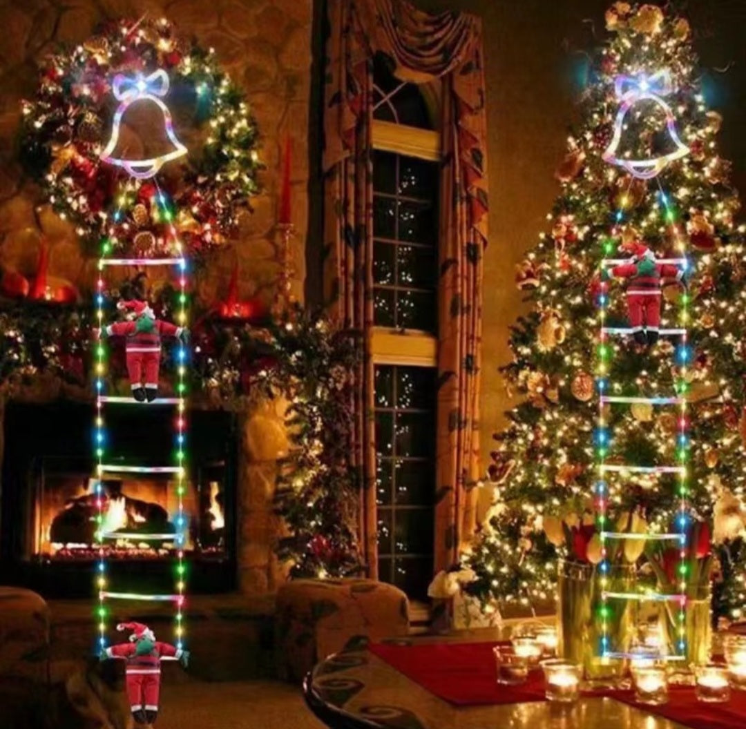 🎅 Escalera Navideña con Luces LED y Santa Trepando